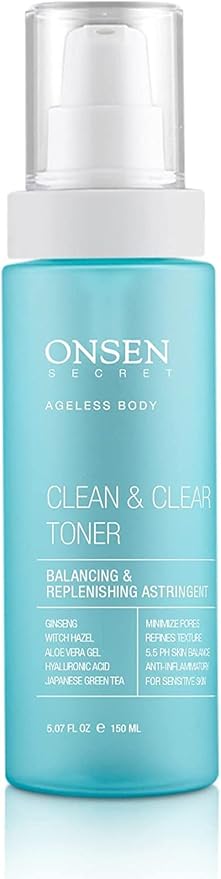 Onsen Secret Clean & Clear Face Toner - Balancing & Replenishing Astringent Daily Perfecting & Revitalizing Toner w/Witch Hazel, Aloe Vera, Green Tea, Alcohol-Free, Skin Care Toner for Face