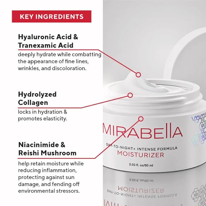 Mirabella Day to Night+ Intense Formula Moisturizer – Hydrating Anti-Aging Face Cream w/Hyaluronic Acid, Niacinamide & Collagen – Lightweight Day & Night Facial Moisturizer, 2.03 oz
