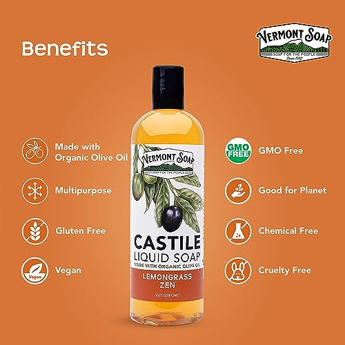 Vermont Castile Lemongrass Zen Soap, Gentle Liquid Soap for Sensitive Skin & Natural Body Wash, Organic Hair Shampoo for Oily Hair, Aloe Castile Soap for Men & Women - 16 Oz