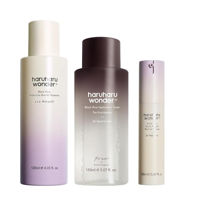 haruharu Wonder Korean Glass Skin Set Including Black Rice Toner, Milky Essence and Retinol Serum