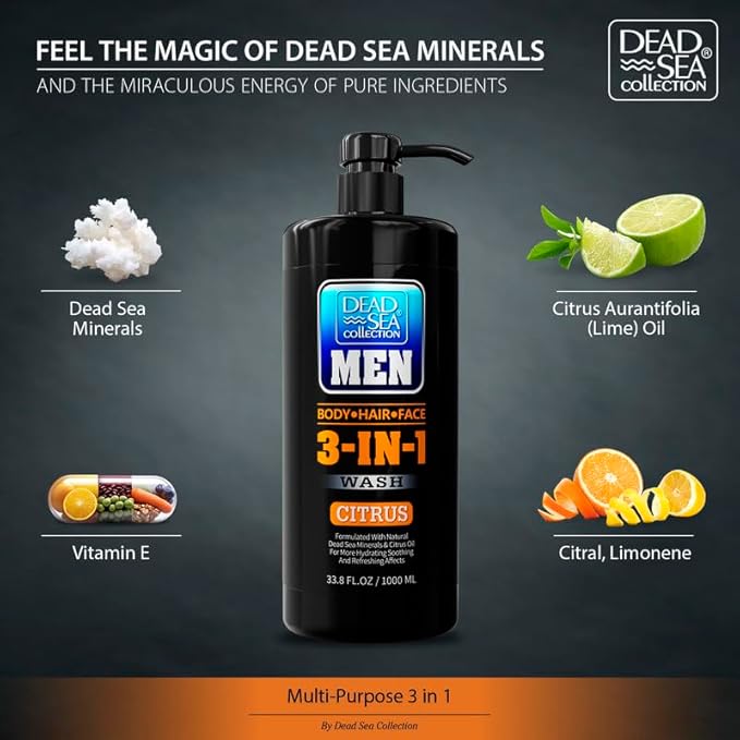 Dead Sea Collection Mens Body Wash 3 in 1 – Citrus Body Wash for Men – Shower Gel – Shampoo – Shower Soap for Face and Hair – Pack of 2 Bottles (33.8 Fl. Oz. Each)