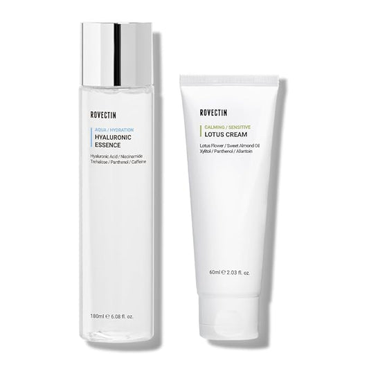 ROVECTIN Calming Lotus Water Cream (2.03 fl.oz, 60ml) Moisturizer + Aqua Hyaluronic Essence (6.08 fl.oz, 180ml) Facial Toner Bundle | Vegan Korean Skincare [2 Pack]
