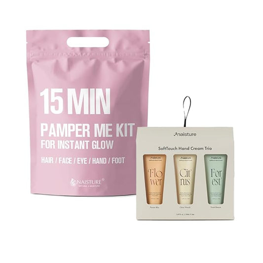 15 Min Pamper Me Kit and SoftTouch Hand Cream Trio (10pc): Korean Face Mask Essentials and Moisturizing Lotion Gift for Women