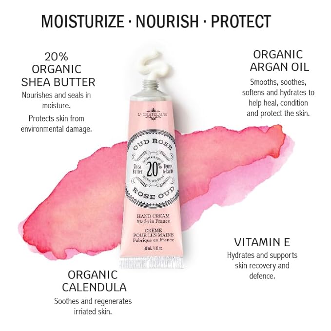 La Chatelaine 20% Shea Butter Hand Cream Travel Size, New Scent, Organic Argan Oil, Moisturizing, Nourishing, Repairing, Extra-Rich Hand Lotion, Made in France, Paraben Free, 1 oz / 30ml (Oud Rose)