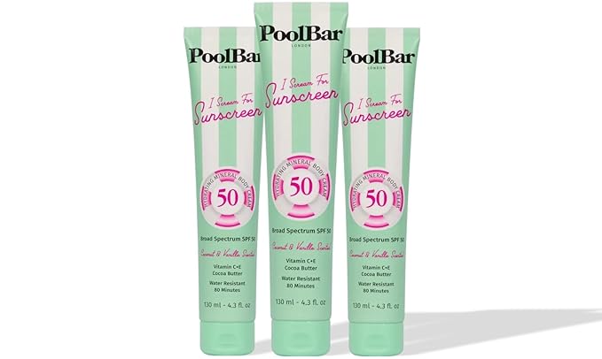 PoolBar SPF 50 Hydrating Mineral Body Sunscreen Cream for Women and Men Skin Care - Coconut Vanilla Scent Sun Care, Vegan and Water Resistant, Broad Spectrum Sunscreen, 130 ml (4.3 Fl. Oz) (Pack of 3)