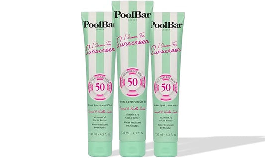 PoolBar SPF 50 Hydrating Mineral Body Sunscreen Cream for Women and Men Skin Care - Coconut Vanilla Scent Sun Care, Vegan and Water Resistant, Broad Spectrum Sunscreen, 130 ml (4.3 Fl. Oz) (Pack of 3)