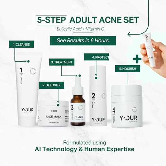 Y'OUR Acne Skincare Kit for Adults – 5-Step System with Cleanser, Day Cream, Serum, Night Cream & Mask – Fights Breakouts & Blemishes – Hydrating & Non-Comedogenic Formula