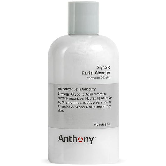 Anthony Glycolic Facial Cleanser for Men, Daily Exfoliating & Hydrating Face Wash, Shave Prep, Non-Foaming, Deep Cleansing, Gentle on Sensitive Skin, Removes Dirt & Oil, Smooths Texture, 8 Fl Oz