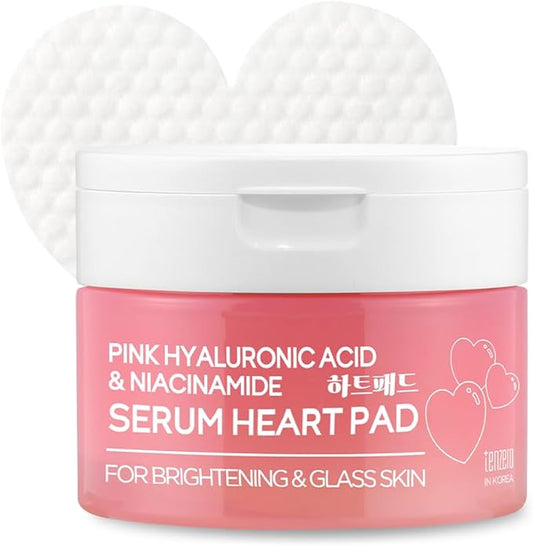 TENZERO Pink Hyaluronic Acid Niacinamide Serum Heart Pad (50 Count, 150g), Hydrating & Brightening Glowing Face Toner Pads, Korean Facial Radiance Pads, Dry Skin