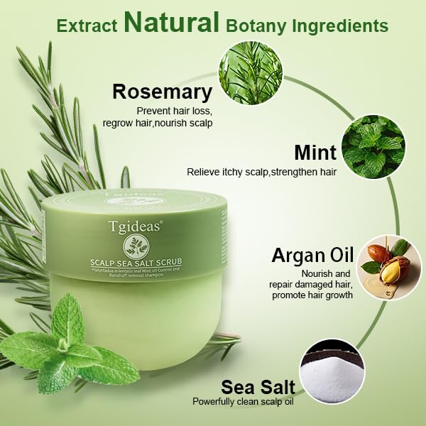 Sea Salt Scalp Scrub, Rosemary Scalp Exfoliator Shampoo, 2-in-1 Hair Treatment with Mint Argan Oil Keratin, Lasting Fluffy, Clarifying and Buildup Removal Hair Care with Silicone Massager