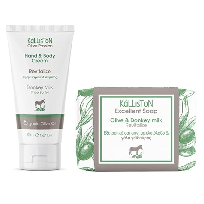 Kalliston Organic Donkey Milk Cream with Shea Butter and Organic Olive Oil and Donkey Milk Soap Bar, Revitalize Gift Set