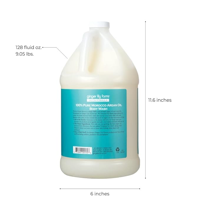 Ginger Lily Farms Salon Formula 100% Pure Morocco Argan Oil Body Wash for All Skin Types, 100% Vegan & Cruelty-Free, 1 Gallon Refill (Pack of 4)