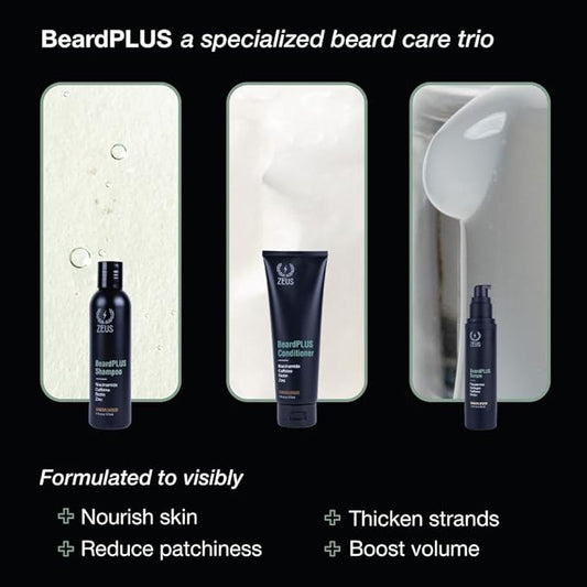 ZEUS BeardPLUS Essential Beard Growth Set for Men, Hair Growth Treatment, Shampoo, Conditioner & Serum for Thicker & Stronger Facial Hair with Biotin & Caffeine (Made in USA) 3-Piece Set