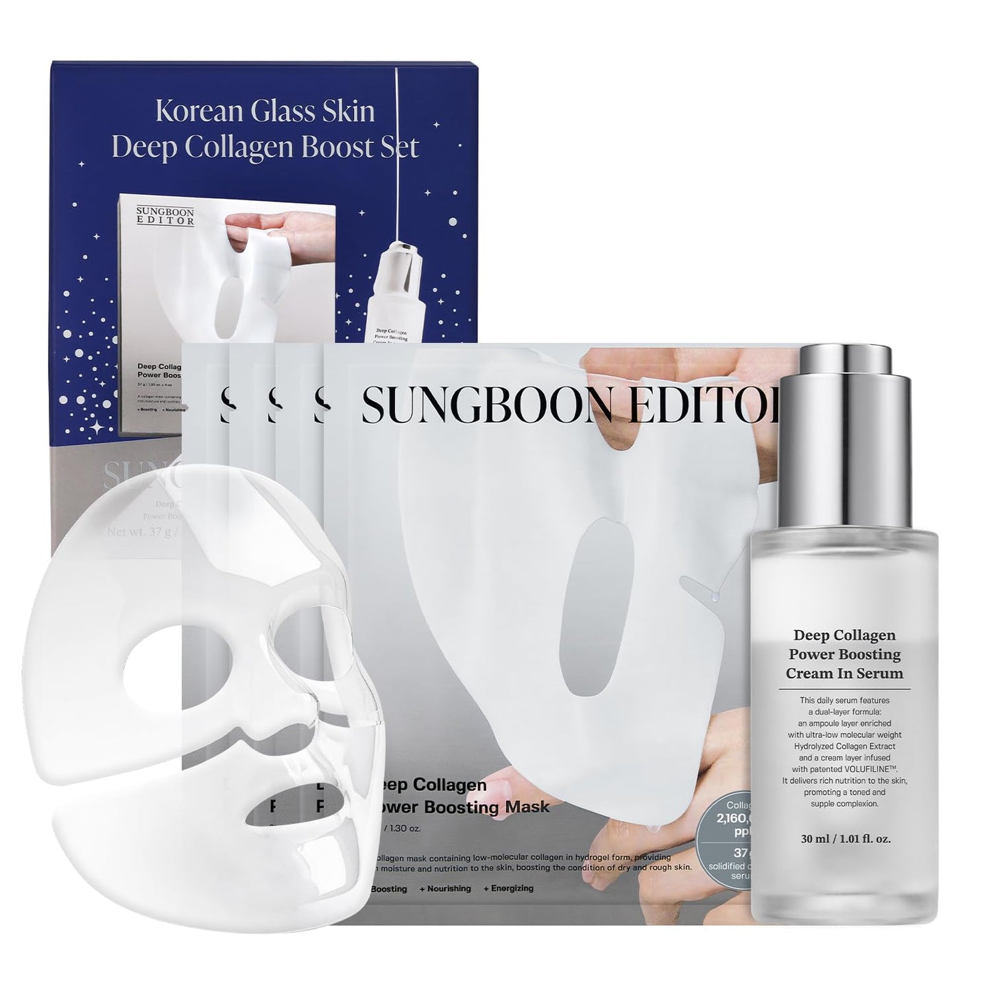 Deep Collagen Boost Set – Korean Collagen Face Mask & Anti-Aging Serum with Volufiline – Real Collagen 2,160,000PPB for Firming, Plumping, Glass Skin Glow ✨ (4 Sheet Masks + 1.01 Fl Oz Serum)