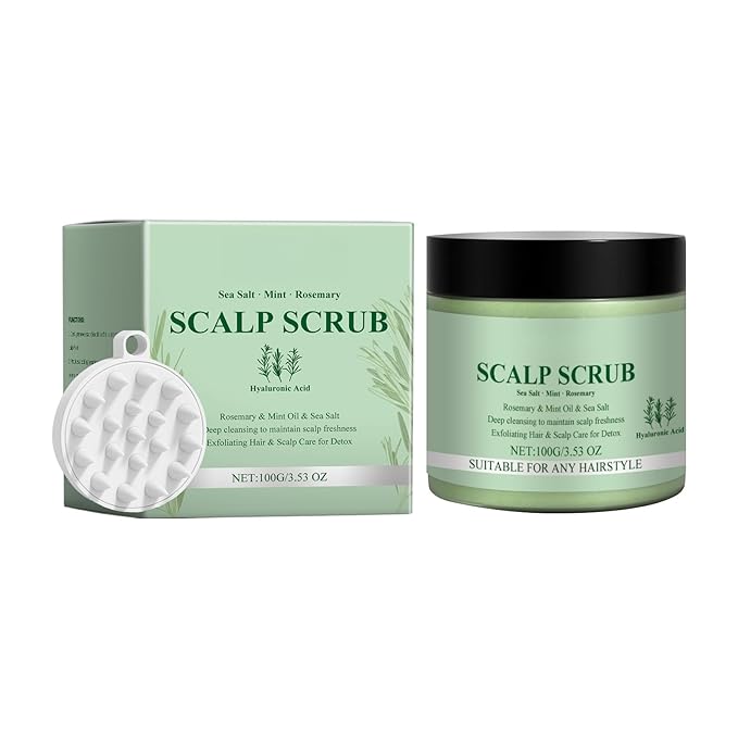 Scalp Scrub with Massaging Brush - 100g Sea Salt Exfoliator Infused with Rosemary & Peppermint Oil for Deep Cleansing, Hydrating Scalp Care Treatment
