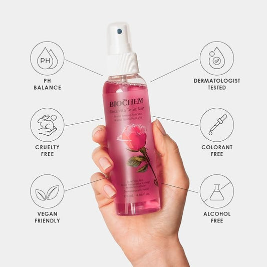 BIOCHEM Rosa Vita Tonic Mist – 3-in-1 Rose Water Toner, Face Mist & Makeup Finishing Spray with Rose Oil & Vitamins B |  Hydrating & pH Balancing Mist for All Skin Types (4.05 fl oz / 120 mL)