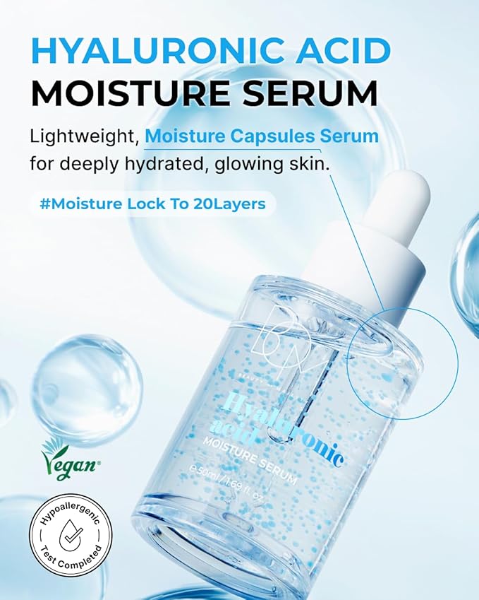 BOM Hyaluronic Acid Moisturizing Serum 1.69 fl oz, Lightweight Vegan Facial Serum with Moisture Capsules and Vitamins, Deep 20 Layer Hydration, Face Plumping, Hypoallergenic, Dry Skin Korean Skincare