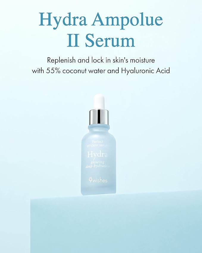 9 Wishes Hydra Ampoule II (1.01 fl oz) – Award-Winning Hydrating Serum for Face with Hyaluronic Acid, 55% Coconut Water, 72-Hour Long-Lasting Moisture, Korean Glass Skin Effect