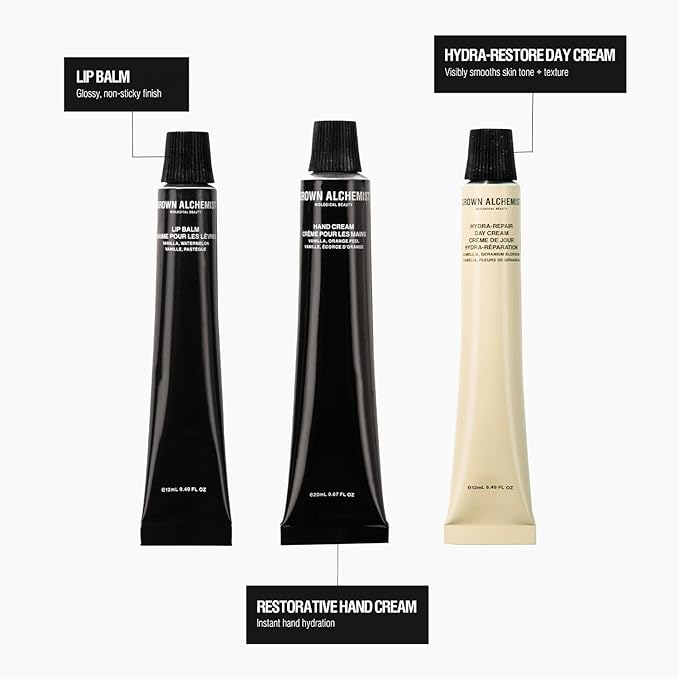 Grown Alchemist On-The-Go Essentials Kit. Restorative Hand Cream (20ml), Hydra Restore Day Cream (12ml), Hydra Retore Lip Balm (12ml)