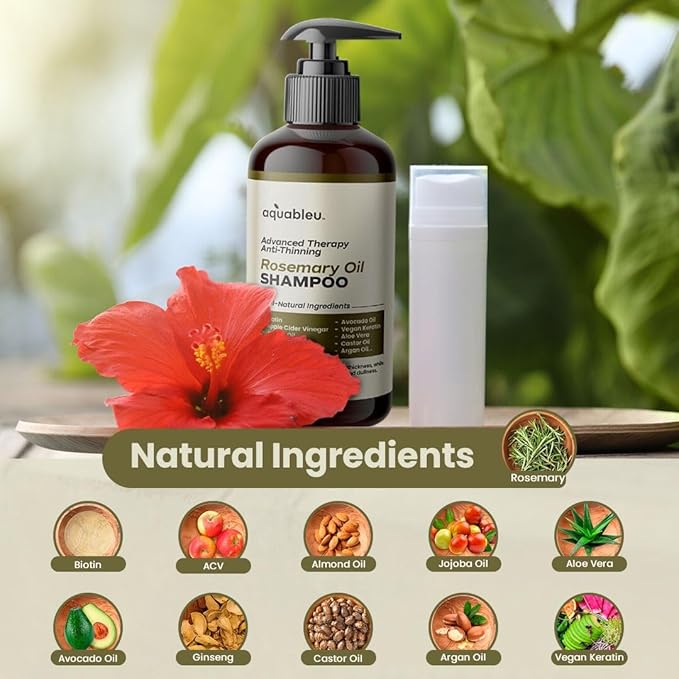 Aquableu Advanced Therapy Anti-Thinning Rosemary Oil Shampoo with 14 All-Natural Ingredients for Volume, Strength, and Thickness (16oz)