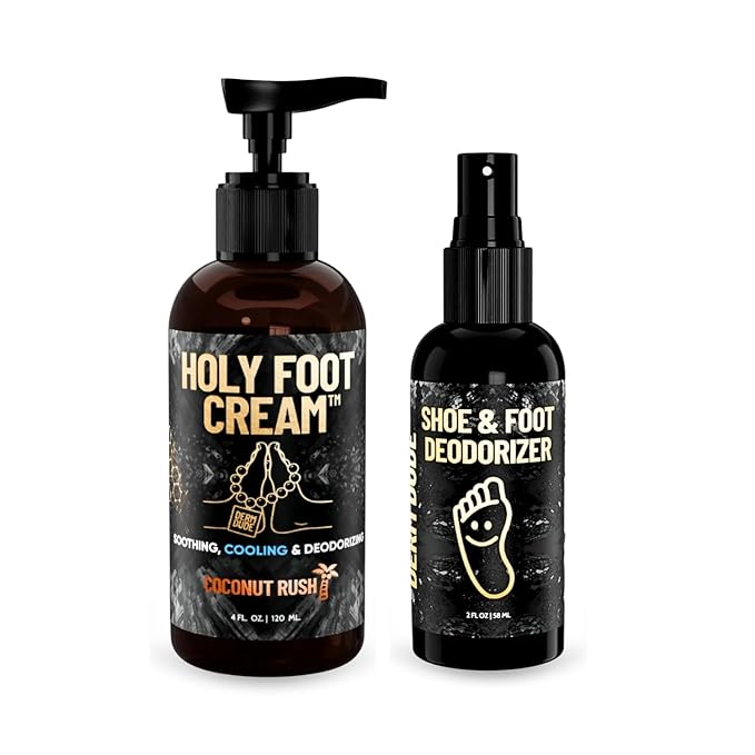 Derm Dude Foot Rescue Bundle | Coconut Rush Holy Foot Cream 4oz + Mint Scent Foot & Shoe Deodorizer Spray 2oz | Moisturizer for Dry Cracked Feet & Odor Control Spray with DeoPlex, Aloe, Tea Tree