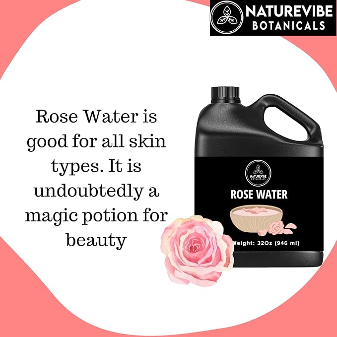 Naturevibe Botanicals Pure Rose Water Toner 32 oz – Hydrating Facial Mist & Hair Spray | 100% Natural, Alcohol-Free Skin Care & Makeup Setting Spray | Great for Skin Care and Hair Care