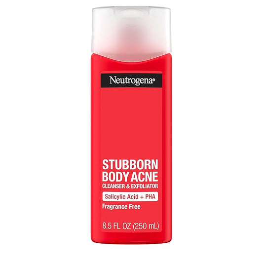 Neutrogena Salicylic Acid & PHA Stubborn Acne Body Wash, Exfoliating Cleanser Acne Treatment for Chest & Shoulder, Gently Clears, Exfoliates & Helps Prevent Breakouts, Fragrance Free, 8.5 Fl Oz