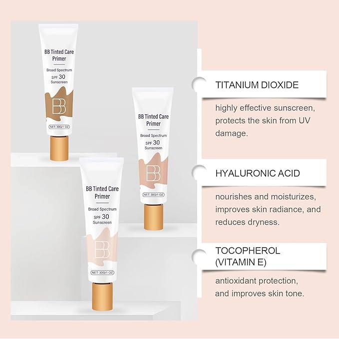 BB Tinted Moisturizer SPF 30, BB Tinted Care Primer, BB Tinted Care Primer with Brush, Full Coverage Light Medium Skin Tone Moisturizing and Smoothing (Natural*1 with Brush)