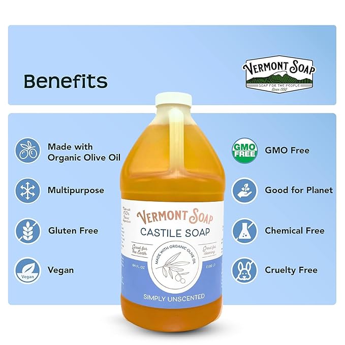 Vermont Castile Soap Unscented, Gentle Liquid Soap for Sensitive Skin & Natural Body Wash, Organic Hair Shampoo for Oily Hair, Aloe Castile Soap for Men & Women - 64 Oz