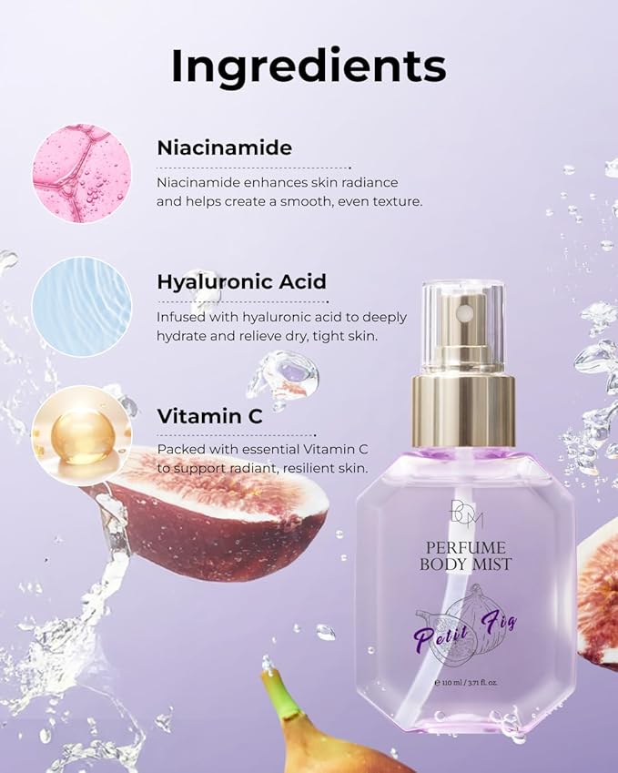BOM Petit Fig Perfume Body Mist 3.71 Fl Oz, Fig Scented Fine Mist with Hyaluronic Acid, Niacinamide & Vitamin C, Hydrating, Lightweight Spray with Long-Lasting Fragrance, Korean Skincare