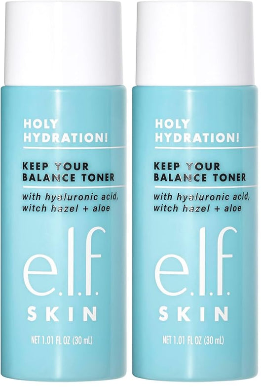 e.l.f. Skin Holy Hydration! Keep Your Balance Toner Mini, Gentle, Refreshing, Removes Makeup & Impurities, Hydrates, Cleanses, Soothes, Infused with Hyaluronic Acid, Witch Hazel and Aloe (Pack of 2)
