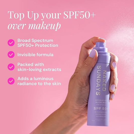 Naked Sundays SPF 50 Hydrating Glow Face Mist, Daily Facial Setting Spray & Sunscreen for Healthy Skin, Lightweight & Non-Greasy, with Hyaluronic Acid for All Skin Types, Makeup-Friendly(75ml)
