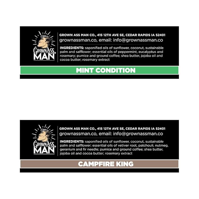 Grown Ass Man Co. Exfoliating Body Bars - Solid Soap with Natural Oils & Gentle Scrub - Plastic Free & Eco-Friendly, Natural & Organic for All Skin Types, 4oz Bar - Variety, 6-Pack