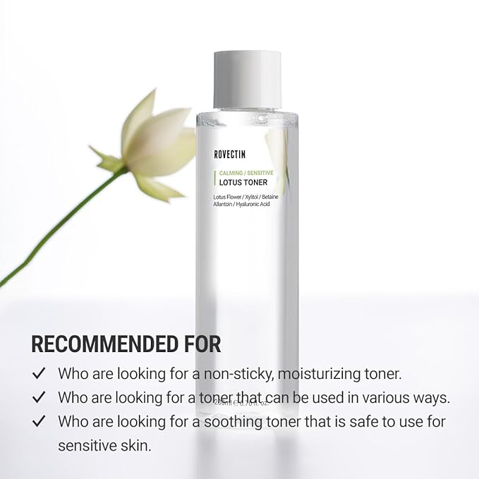 ROVECTIN Calming Lotus Water Toner - pH4.7 Extra Soothing and Hydrating for Trouble Care | 40% Lotus Flower Extract for Purifying | Hyaluronic Acid, Alcohol-Free, Vegan, K-Beauty (6.76 fl. oz, 200ml)