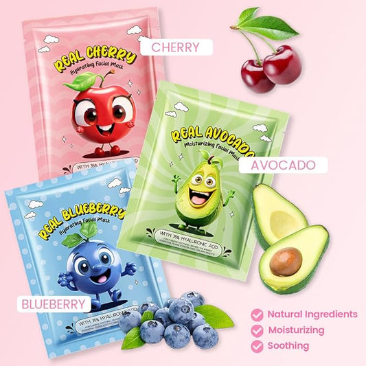 evpct 12 Pack Fruit Kids Face Masks for Kids Girls Spa, Girls Kids Facial Spa Day Slumber Sleepover Birthday Party Favors Supplies Kit for Girl, Kid Friendly Facial Face Masks Bulk Skincare for Kid, 5