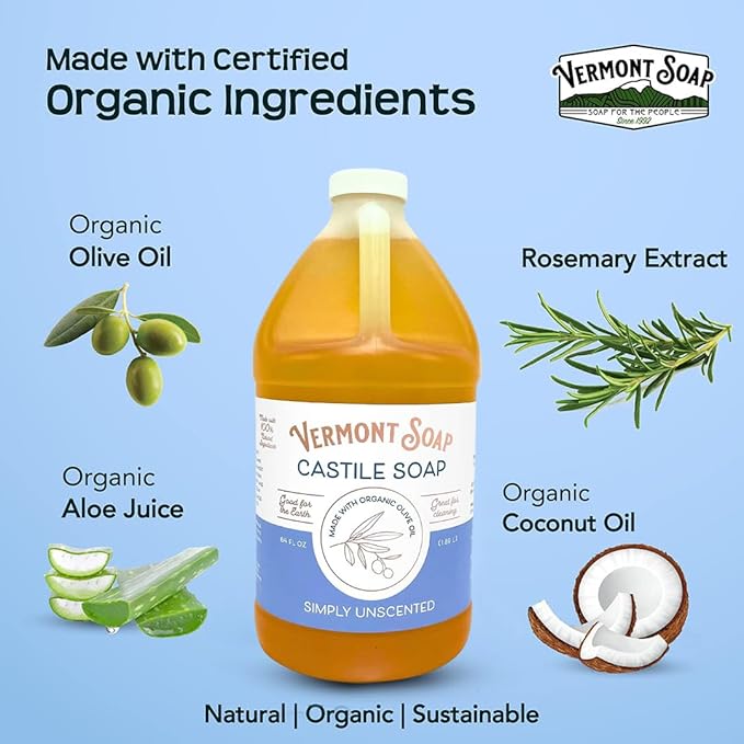 Vermont Castile Soap Unscented, Gentle Liquid Soap for Sensitive Skin & Natural Body Wash, Organic Hair Shampoo for Oily Hair, Aloe Castile Soap for Men & Women - 64 Oz