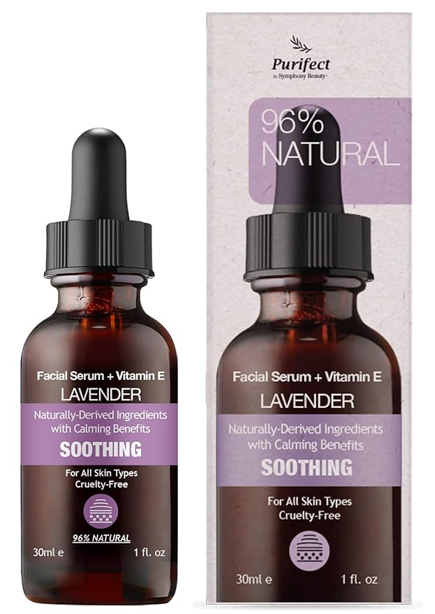96% NATURAL LAVENDER Facial Serum for Day and Night Moisturizer Soothe Balance Skin with Vitamin E Squalene 30ml 1fl oz - Non Greasy and Fast Absorbing Formurla PURIFECT MADE IN USA