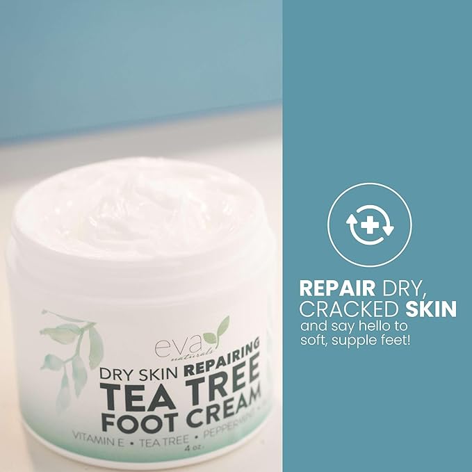 Eva Naturals Tea Tree Foot Cream – Moisturising Foot Lotion & Balm for Dry, Cracked Heels & Feet with Peppermint, Menthol, Spearmint, Aloe, Sunflower Oil & Geranium – Cream for Men & Women, 4 Fl Oz