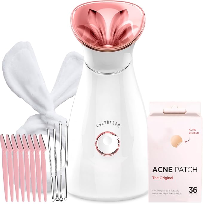 Colorfarm Facial Steamer Skin Care Kit: Face Steamer Home Spa Deep Cleaning Unclogs Pores with 4 Skin Care Tools - Relaxing Self Care Skincare Beauty Gifts for Women (On-The-Go Beauty Quick Fix Kit)