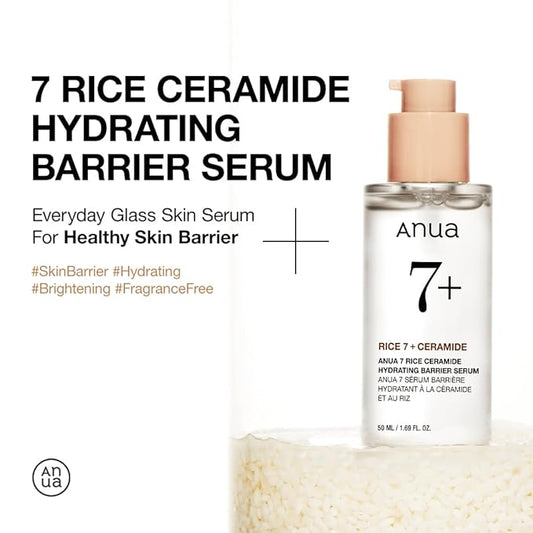 ANUA RICE CERAMIDE 7 HYDRATING BARRIER SERUM, Brightening, Hydrating Serum for Face, Rice, Hyaluronic Acid, Niacinamide, Fragrance-free, Non comodogenic, Glass Skin, Korean Skin Care, 50ml/1.69fl.oz.