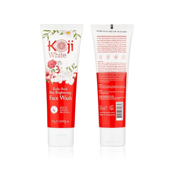 Koji White Kojic Acid Skin Brightening Face Wash for Exfoliating Face, Hydrating Face Moisturizer, Vegan Face Wash, Even Skin Tone with Vitamin C, Flower Extracts, Vitamin E, 2.54 Fl Oz