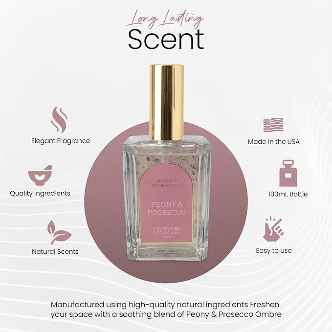 Brooklyn Fragrance Co. Arches Room Spray – Premium Peony & Prosecco Ombre Scent- Long lasting Fragrance for Home, Office or Bathroom – Air Freshener Rectangle Spray bottle – 100 ml