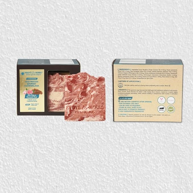 ROOTS AND HERBS Ayurvedic Bar Soap Natural Treatment 100% Vegan No Paraben No SLS No Sulphate Cleansing Red Clay & Damask Rose (Cold Process Gourmet Cleansing Bar) Soap
