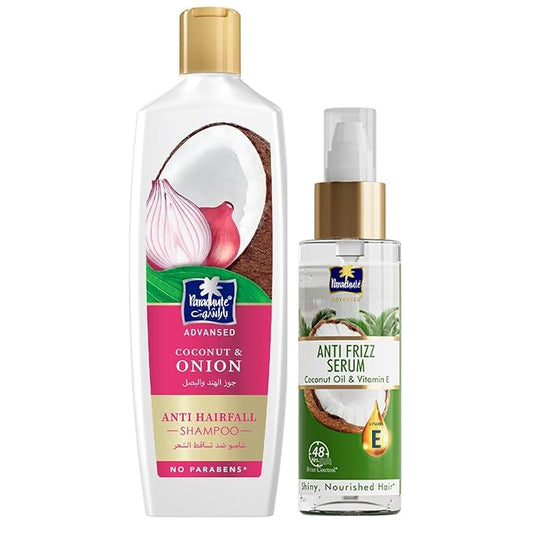 Parachute Advansed Anti-Frizz Serum & Onion Shampoo Combo | Frizz-Free, Stronger, Healthier Hair | Pack of 2 | 6.7 Fl oz + 11.4 Fl oz