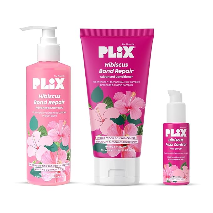 PLI.X - THE PLANT FIX Hibiscus Frizz Control Hair Serum 50ml + Bond Repair Shampoo 200ml + Conditioner 175ml | Protects & Smoothes Frizzy Hair| 3x Strength with Fiberhance