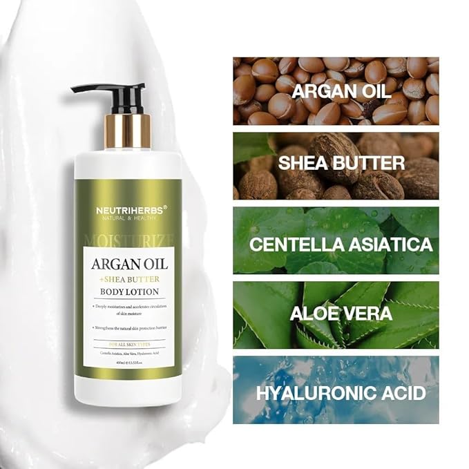 Neutriherbs Body Lotion for Women and Men, Argan Oil + Shea Butter Body Cream, Deep Moisture and Soothin Skin, Plump Bottle - 13.52 Fl Oz