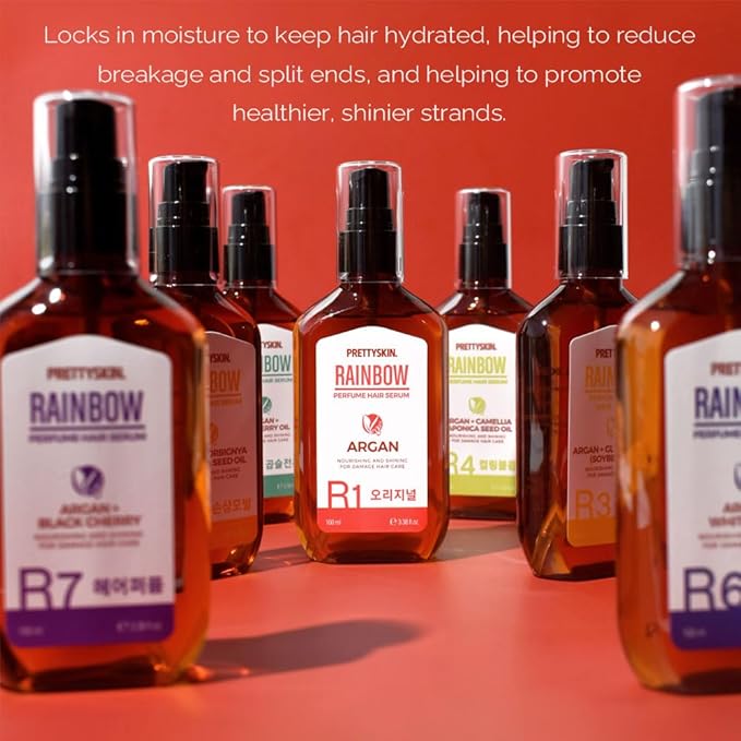 PRETTYSKIN Rainbow Perfume Vegan Hair Serum with Argan Oil, Sweet Almond Oil, Jojoba Oil, Macadamia Oil – Hydrating, Frizz Control, Lightweight Nourishing Treatment – 100ml (R1 Original)