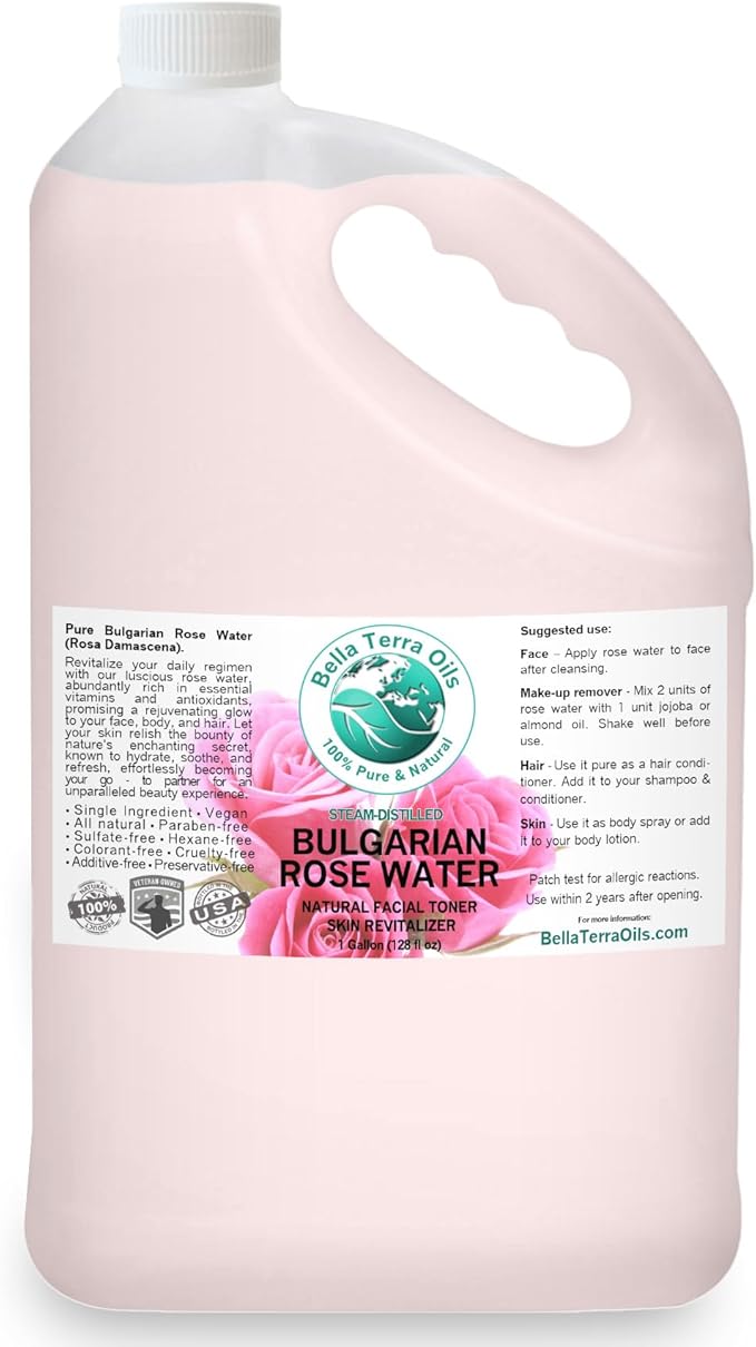 Bella Terra Oils Rose Water Hydrosol – 1 Gallon | Pure, Gentle Facial Toner & Mist | Natural Skin Tonic, Makeup Setting Spray | Organic, Steam-Distilled