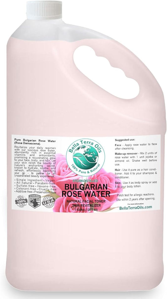 Bella Terra Oils Rose Water Hydrosol – 1 Gallon | Pure, Gentle Facial Toner & Mist | Natural Skin Tonic, Makeup Setting Spray | Organic, Steam-Distilled