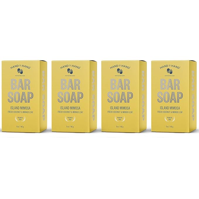Hand in Hand Bar Soap, Nourishing Cleanser For All Skin Types, Organic Shea and Cocoa Butters, 5 Ounce, Fresh Coconut & Mango Leaf, Island Mimosa Scent, 4 Pack